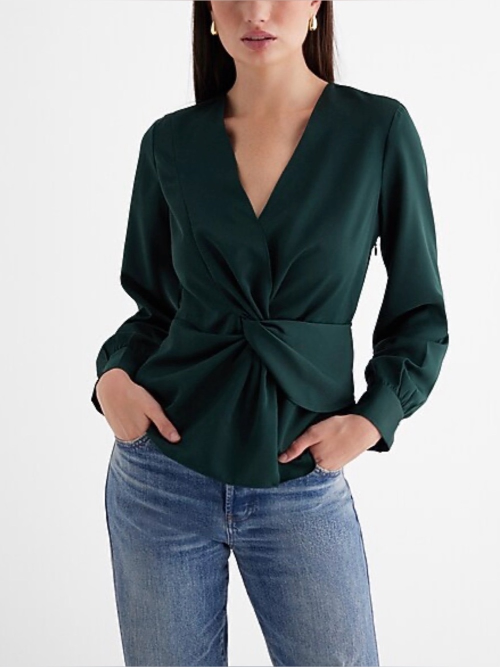 Express Forest Green Twist-Front V-Neck Long Sleeve Blouse